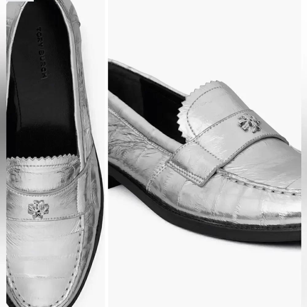Tory Burch Silver Leather Metallic slip on Loafers/Dust Bag size 6 $358